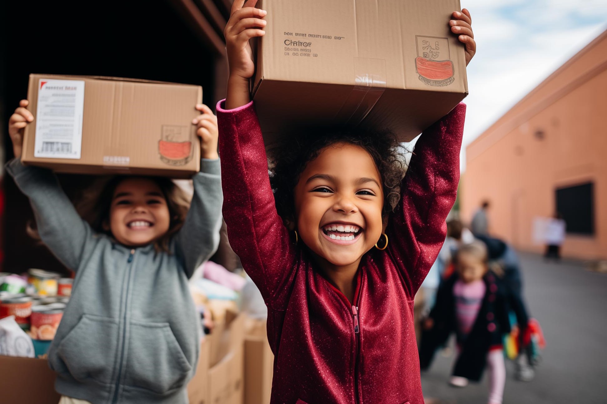 Smiling children holding up boxes at a community food drive