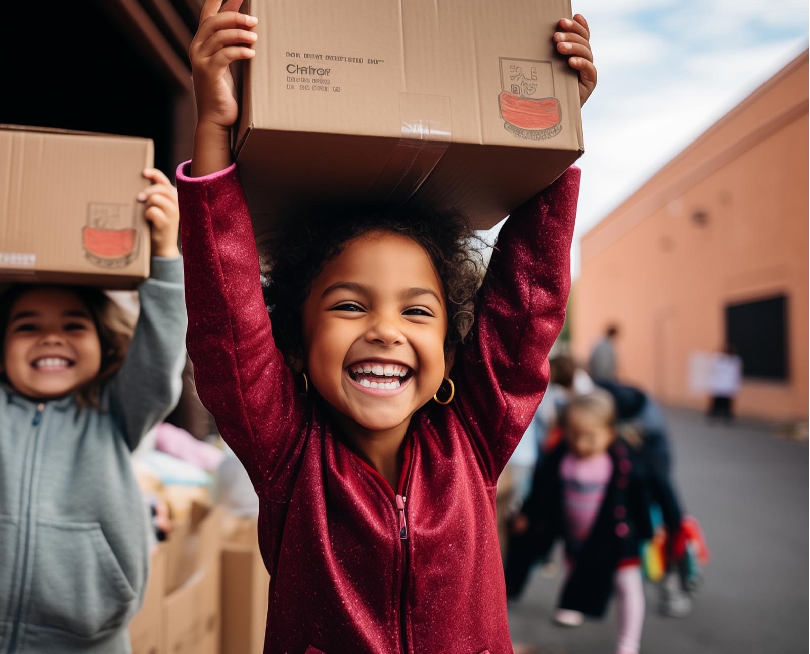smiling children holding boxes for clothes donation event and community food drive