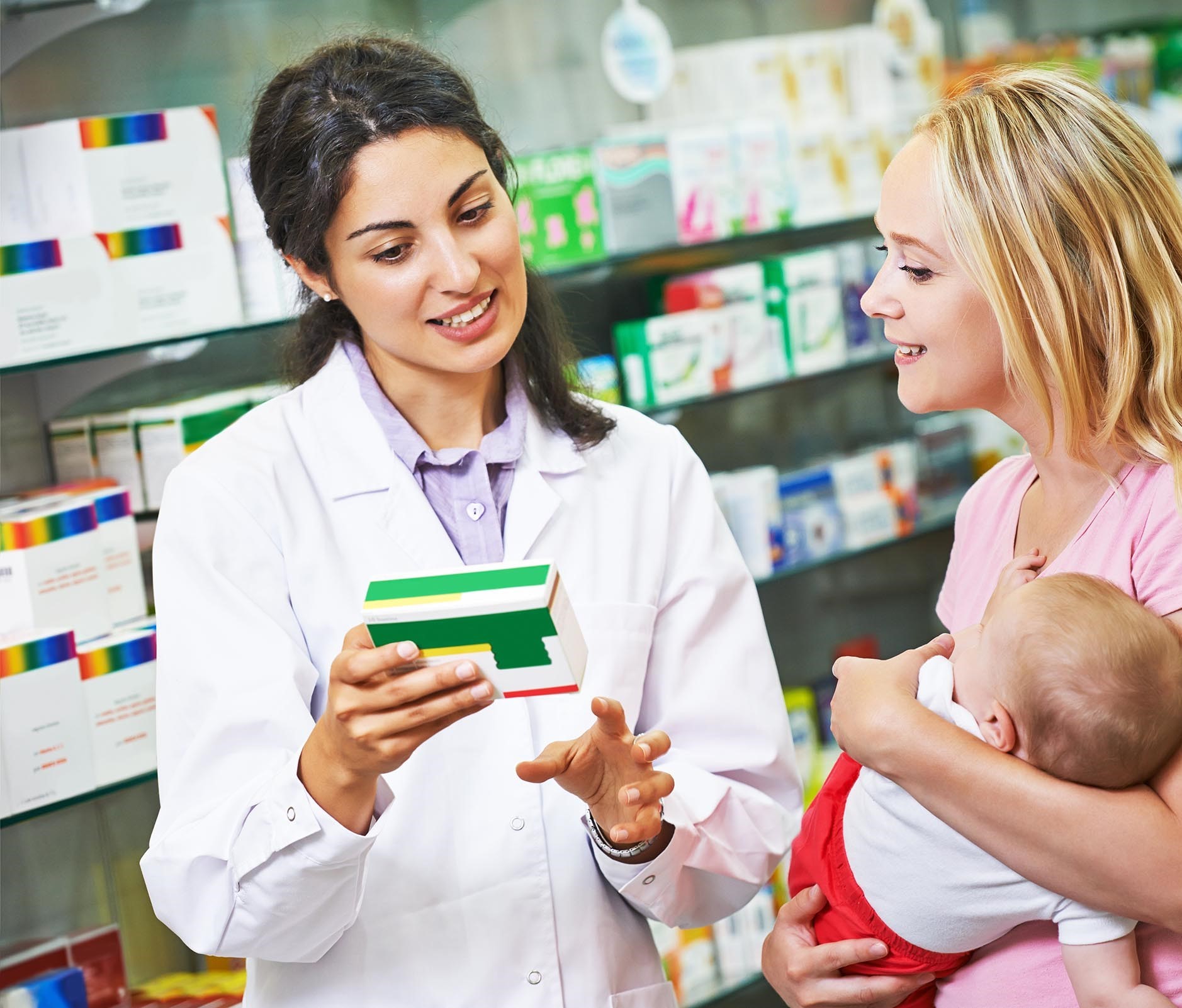 Pharmacy chemist, mother and child in drugstore